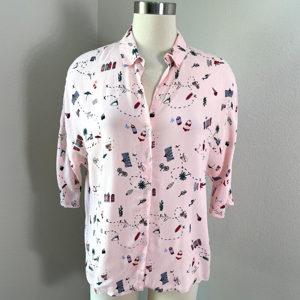 Cop Copine Womens Size 38 Pink Travel Print Shirt Short Sleeve Button Top Blouse